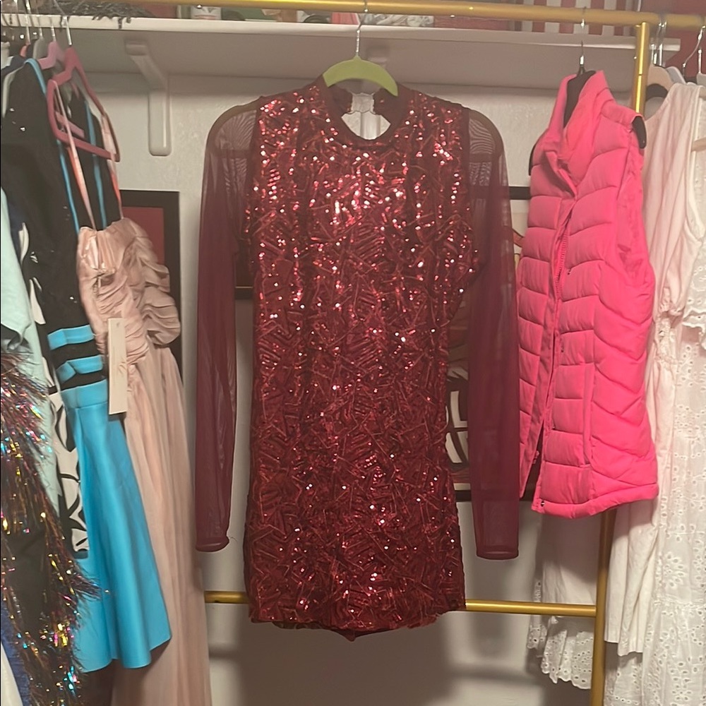 Red Mini Sequin Bodycon dress dance costume with low back and sheer sleeves